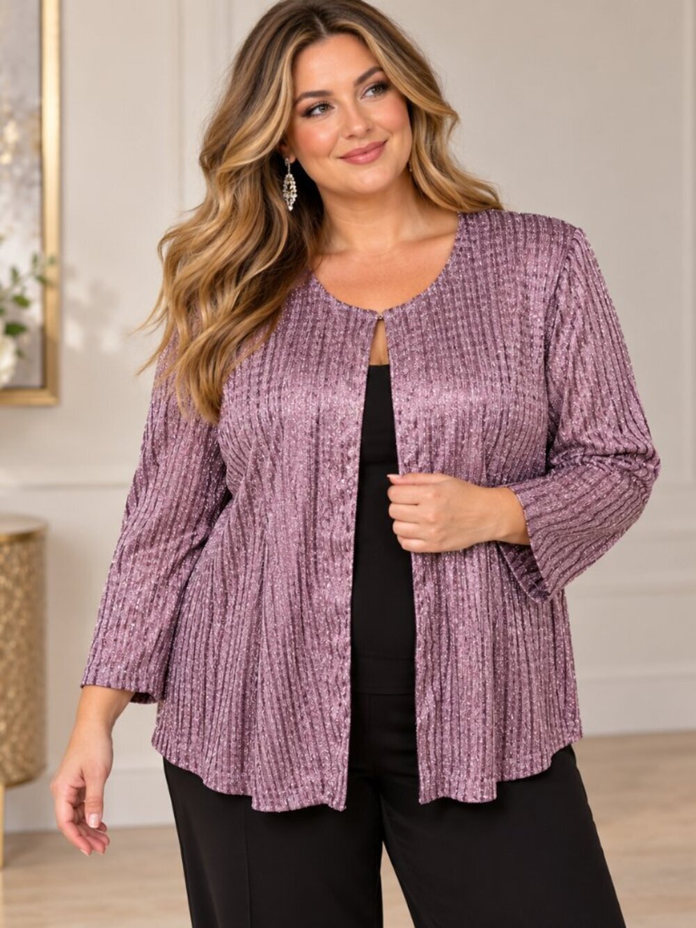 Alex Evenings 2X Purple Silver Metallic Open Front Jacket Plus Size Formal